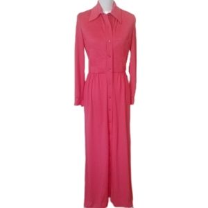 Vintage 1970s Button Front Long Sleeve Maxi Dress Pink Size Medium